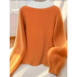 Women's Sweater with Collar - Elegant Fake Two-Piece design, Button-front placket, Machine Washable Sweater for Fall/Winter, Office Party Outfits - Warm Orange Sweater for Women