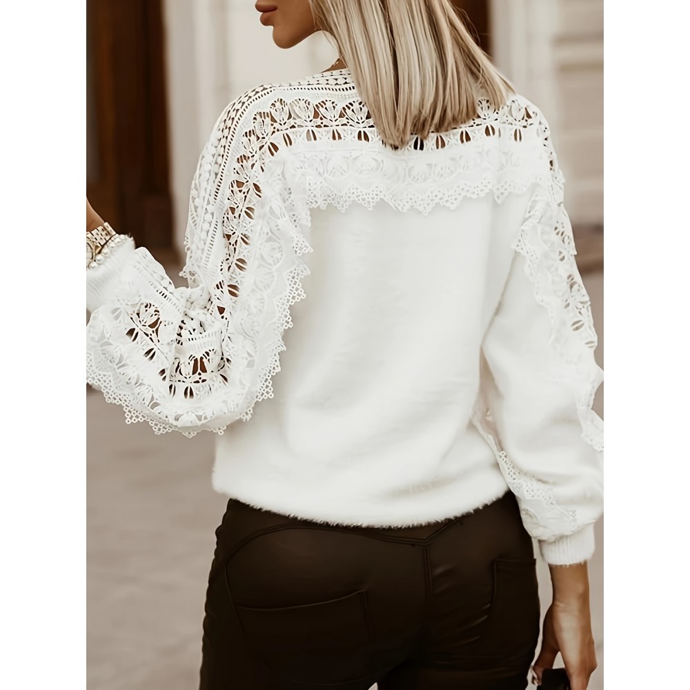 Women's Off-Shoulder Sweater with Puff Sleeves & Lace Cut-Outs - Semi-Sheer Long Sleeve Pullover for Fall Winter, Casual Chic Layering Top, Sweater, Intricate Knitwork