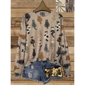 Women'S All-Over Cat Back Print Sweater - Soft & Brown Tabby Cat Design, Round Neck Long Sleeve Casual Sweater, Lightweight Everyday & Formal Outfits