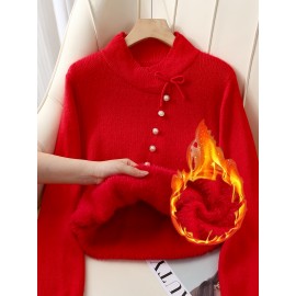 Women's Thick & Soft Sweater with Bow Buttons - Winter Warm Round Neck Long Sleeve Cozy Sweater, Beige & White Cable- Design, All-Season Casual Elegant Pullover for Fall and Winter Layering, Hand Wash or Dry Clean, Solid Color with Bow Detail, Medium Stretch, Relaxed Fit, Fleece Lining for Extra Warmth, Chic and Comfortable for Casual Attire, Cozy Sweaters For Women, Casual Long Sleeve Sweater, Oversized Knit Sweater, Colourfull Loose Sweater For Women,