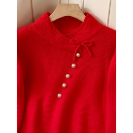 Women's Thick & Soft Sweater with Bow Buttons - Winter Warm Round Neck Long Sleeve Cozy Sweater, Beige & White Cable- Design, All-Season Casual Elegant Pullover for Fall and Winter Layering, Hand Wash or Dry Clean, Solid Color with Bow Detail, Medium Stretch, Relaxed Fit, Fleece Lining for Extra Warmth, Chic and Comfortable for Casual Attire, Cozy Sweaters For Women, Casual Long Sleeve Sweater, Oversized Knit Sweater, Colourfull Loose Sweater For Women,