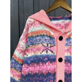 Women's Hooded Sweater - Pink, Loose Fit Long Sweater Coat with Side Pockets, Fall Winter Hooded Sweater for Everyday & Formal Outfits