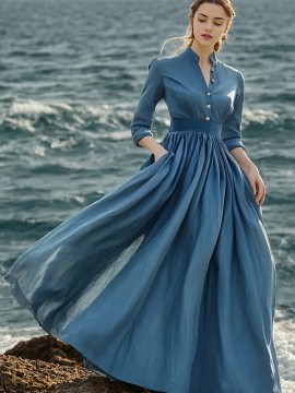 Elegant French-Inspired Vintage-Inspired V-Neck Long Sleeve Maxi Dress with Button Detail - Light Blue, Flowing A-Line Silhouette, Perfect for Summer, Adult Women'S Fashion, Casual Elegance|Vintageinspired Dress|Button Detail Dress, Wedding Guest Dresse Women Plu Size, Wedding Guest Outfit Women Plu Size, Wedding Guest Dresse Women Size, Plu Size Wedding Guest Dresse, Plu Size Women Dresse, Dress Women Offer, Vintage Dress For Women, Casual And Elegant Dress For Women, Summer Dress