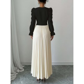 Women's Elegant V-Neck Long Sleeve A-Line Dress with Waist Tie Belt - Pleated Skirt, Machine Washable Solid Color, Spring/Summer Versatile Casual to Formal Wear, Spring Event Attire, Nontransparent Fabric, No Stretch Material