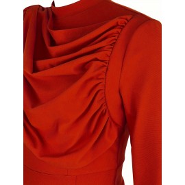 Solid Color Pleated Asymmetrical Dress, Elegant 3/4 Sleeve Bodycon Dress For Office & Work, Women's Clothing