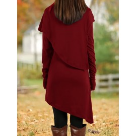 Women'S Fashion Long Sleeve High Neck Asymmetrical Tunic Dress, Solid Color, Polyester, Casual Style, Pencil Skirt, All-Season, Knit Fabric, Adult Size