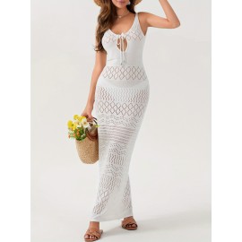 Women'S Crochet Long Dress Sleeveless V Neck Hollow Out Solid Color Dress Beach Coverups