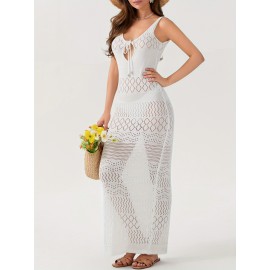 Women'S Crochet Long Dress Sleeveless V Neck Hollow Out Solid Color Dress Beach Coverups
