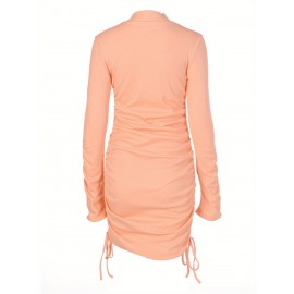 Women'S High Neck Long Sleeve Bodycon Mini Dress with Front Cutout and Side Ruching Drawstrings, Solid Color Soft Cotton Blend, Versatile & Seasonless