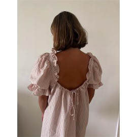 Womens Striped Babydoll Dress Loose Ruffle Trim Scoop Neck Puff Sleeve Backless Mini Dress for Daily Party Club