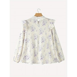 [Floral Lace Blouse] Plus Size, Women's Plus Size Blouse - Floral Lace Accent Shirt With Stand Collar - Lightweight Elegant Office & Party Top - Non-See-Through Formal & Casual Outfits - Machine Washable Women's Clothing By ZANZEA