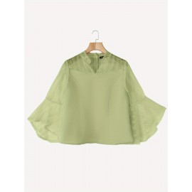 Plus Size - Women'S Elegant V-Neck Blouse with Sheer Mesh Lace Sleeves - Lightweight Loose Fit 3/4 Sleeve Top, Solid Color Casual Chic Shirt for Spring Summer Fall, Versatile for Casual & Formal Wear, Seasonal Fashion, Nontransparent Fabric