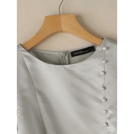 Plus Size, ZANZEA Women's Plus Size Elegant Blouse - Pink & White Puff Bow-Knot Collar, Short Jacket-like Button-Front Top, Loose Fit 3/4 Sleeve Shirt for Wedding, Office, Party, Wedding Guest (Machine Washable) - No-Stretch Round Neck