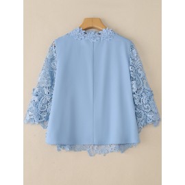 Plus Size - Plus Size, ZANZEA Women'S Elegant Lace Sleeve Blouse - Lightweight Non-Stretchy Solid Pink/Red - Structured Waist & Flared Hem, Crew Neck Blouse For Wedding, Party, Everyday - All-match Women'S Tops, Lace Blouse