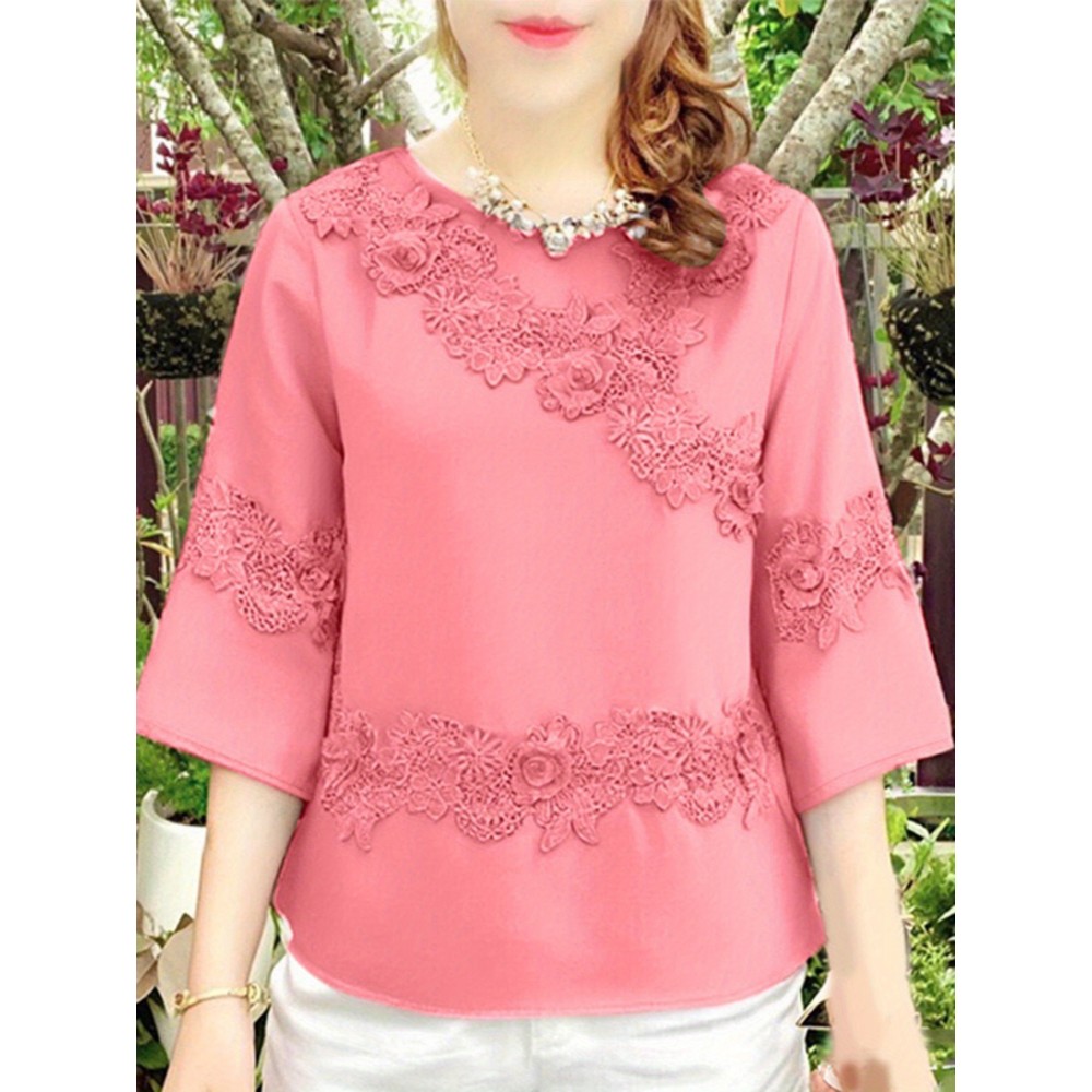 Plus Size, ZANZEA Women's Plus Size Elegant Blouse - 3/4 Sleeve Crew Neck Baggy Shirt, Lightweight All-Season Wedding Guest Dress-like Top, Machine Washable White Collar Blouse for Office, Party & Casual Attire (Plus Size Friendly)