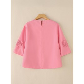 Plus Size, ZANZEA Women's Plus Size Elegant Blouse - 3/4 Sleeve Crew Neck Baggy Shirt, Lightweight All-Season Wedding Guest Dress-like Top, Machine Washable White Collar Blouse for Office, Party & Casual Attire (Plus Size Friendly)