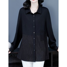 Plus Size, Women's Plus Size Long Sleeve Blouse - Black with Vertical line pattern, Elegant Office & Casual Shirt, Non-See-Through Formal Tops for Women (Machine Washable)