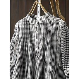 Plus Size, Women's Blouse - Elegant Black & White Grid Pattern Shirt with Rounded Neckline, Non-Stretch Fabric for Fall/Winter Everyday & Formal Outfits - Machine Washable Office Casual Blouse, Fall Fashion Top, Long Sleeve Top, Textured Fabric