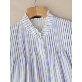 [ZANZEA Plus Size Blouse] Plus Size - ZANZEA Women's Plus Size Lightweight Elegant Blouse - Korean Style Striped & Lace Patchwork Stand Collar Puff Short Sleeve Single-Breasted Shirt, Breathable Summer Top for Office & Casual Outings, Versatile Clothing, Stylish Women