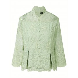 [Wedding & Party] Plus Size, ZANZEA Women's Plus Size Elegant Lace Patchwork Blouse - 3/4 Sleeve Wedding & Party Shirt with Front Button Closure, /Korean Inspired A-Line Lightweight Top, Machine Washable Golden Lace Jacket-like Blouse for Year-Round