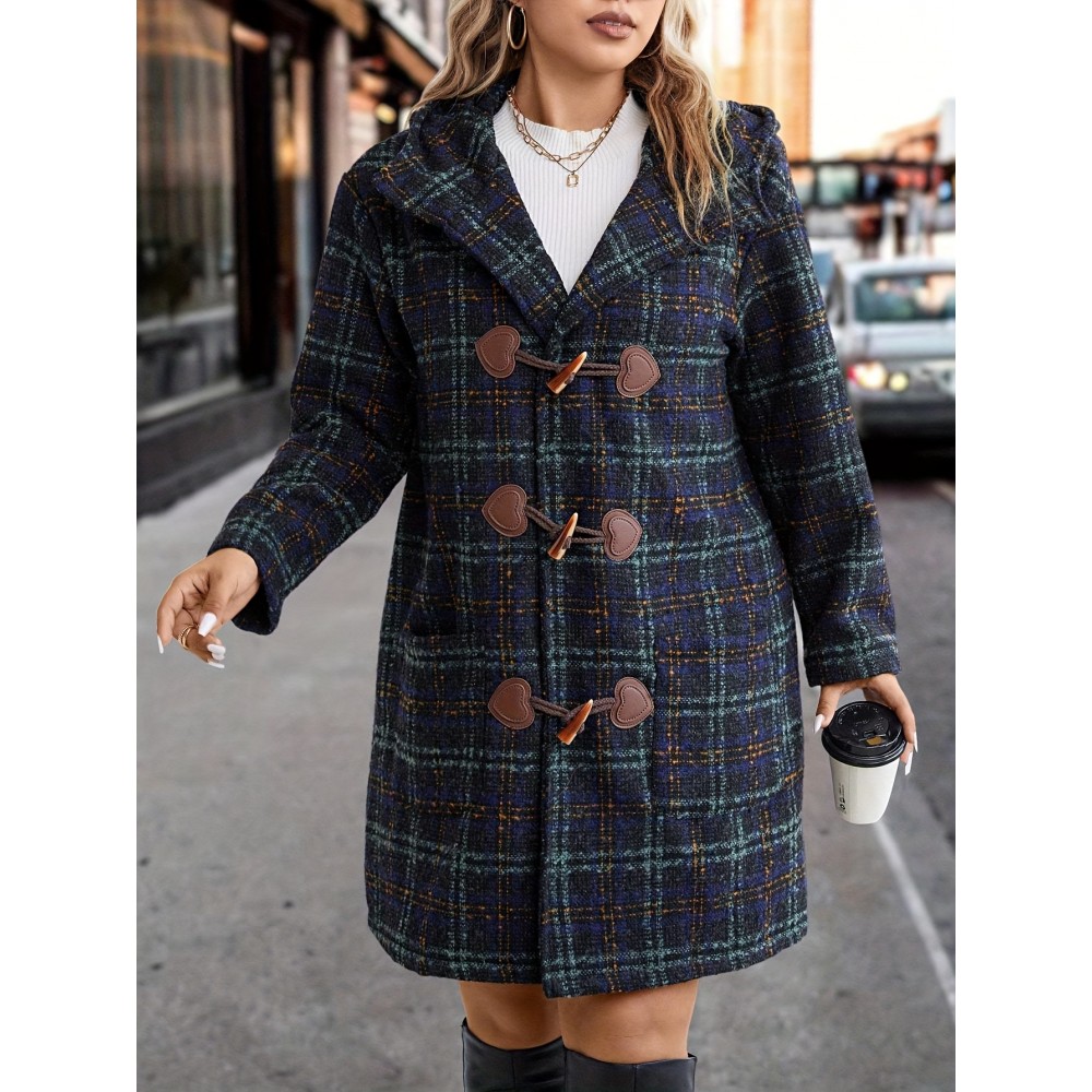 Plus Size, Plus Size Women's Elegant Tweed Coat with Double-Layer Hood & H-Line Silhouette - Knee-Length Button-Front Winter Jacket, Spacious Warm Outerwear for Fall/Winter, Casual to Dressy Occasions (Machine Washable)