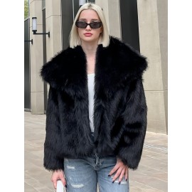 Women's Plus Size Elegant Faux Fur Coat - Plush Winter Jacket with Oversized Lapel Collar, Hand Washable Solid Color Outerwear for Fall & Winter, Ladies Winter Coats, Cold Weather Wear, Sophisticated Style, Soft Texture, Fashion Lovers, Seasonal Fashion, Cozy Texture, Fashionconscious Women