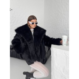 Women's Plus Size Elegant Faux Fur Coat - Plush Winter Jacket with Oversized Lapel Collar, Hand Washable Solid Color Outerwear for Fall & Winter, Ladies Winter Coats, Cold Weather Wear, Sophisticated Style, Soft Texture, Fashion Lovers, Seasonal Fashion, Cozy Texture, Fashionconscious Women