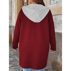 Plus Size - European And American Autumn And Winter Fashion Elegant Faux Two-Piece Cardigan with Pockets And Drawstring Hood, Long Plus-Size Women'S Coat.