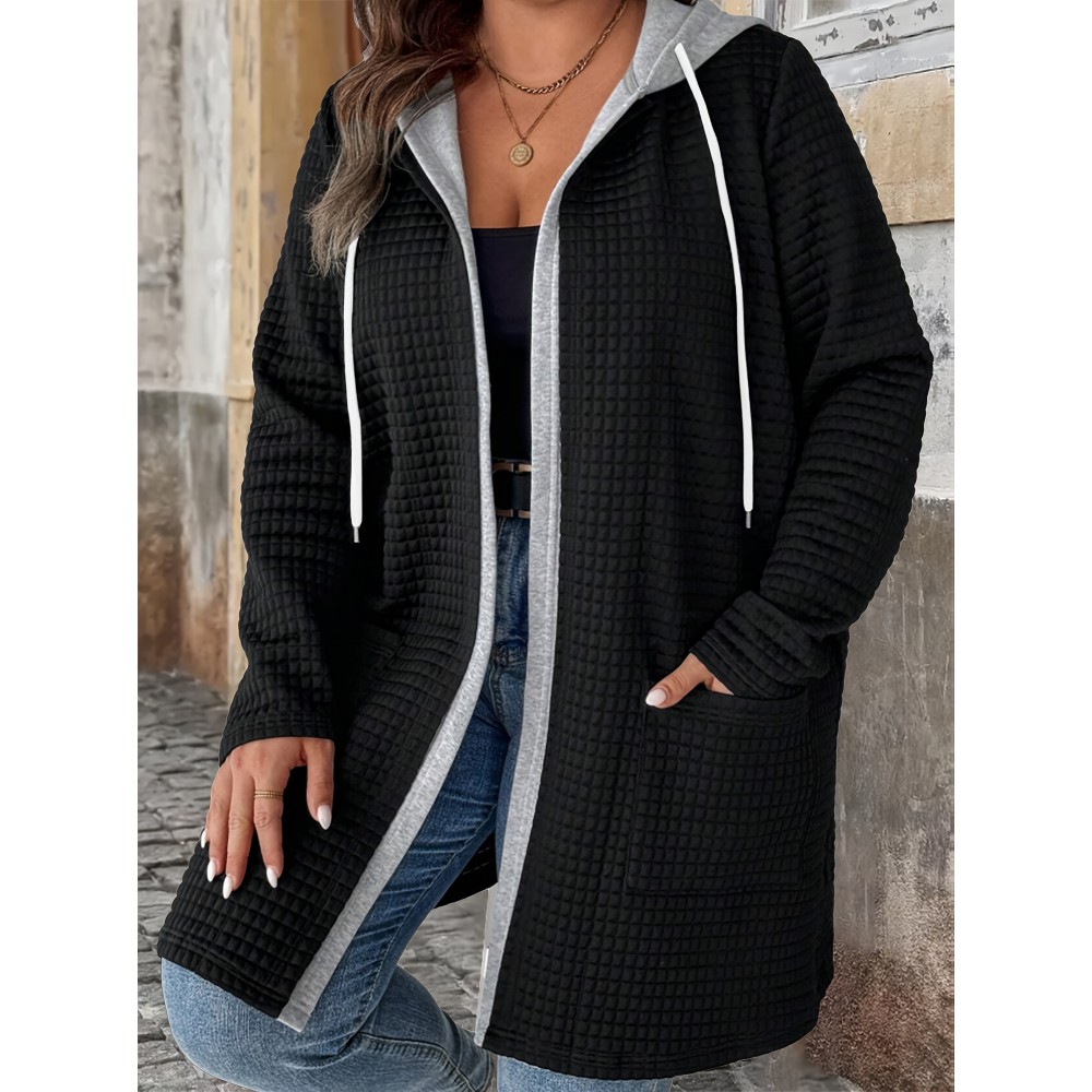 Plus Size - European And American Autumn And Winter Fashion Elegant Faux Two-Piece Cardigan with Pockets And Drawstring Hood, Long Plus-Size Women'S Coat.