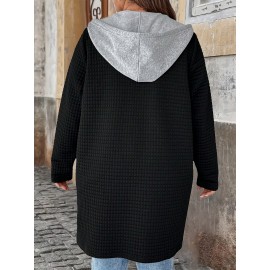 Plus Size - European And American Autumn And Winter Fashion Elegant Faux Two-Piece Cardigan with Pockets And Drawstring Hood, Long Plus-Size Women'S Coat.