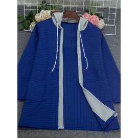 Plus Size - European And American Autumn And Winter Fashion Elegant Faux Two-Piece Cardigan with Pockets And Drawstring Hood, Long Plus-Size Women'S Coat.