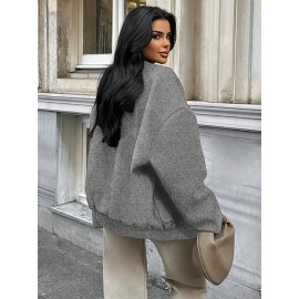 Plus Size, Women's Oversized Brown Jacket - Plus Size Casual Collar Coat with White Button Closure, Dropped Shoulder H-Line Silhouette & Chest Pocket - All-Season Outerwear for, Date, Everyday (Machine Washable) - Elegant Brown Blazer