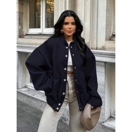 Plus Size, Women's Oversized Brown Jacket - Plus Size Casual Collar Coat with White Button Closure, Dropped Shoulder H-Line Silhouette & Chest Pocket - All-Season Outerwear for, Date, Everyday (Machine Washable) - Elegant Brown Blazer