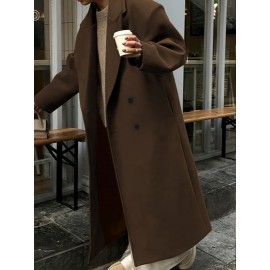 Plus Size, Women's Plus Size Oversized Double-Breasted Lapel Coat - Long Maxi Length Brown Trench Coat with H-Line Silhouette, Notch Collar & Drape Shoulder Sleeves, Elegant Winter Jacket for, Travel, Casual (All-Season, Tailored Loose Fit)