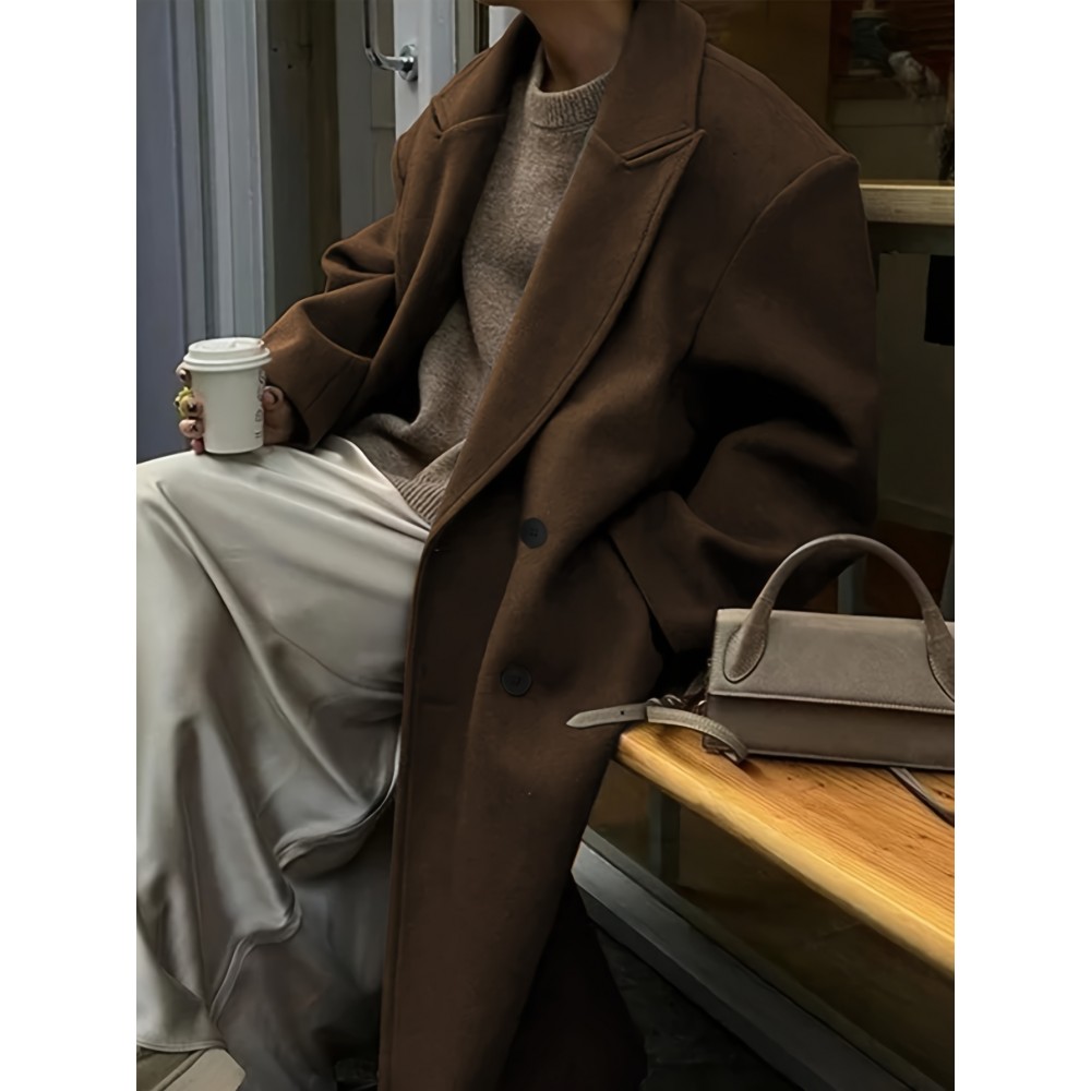 Plus Size, Women's Plus Size Oversized Double-Breasted Lapel Coat - Long Maxi Length Brown Trench Coat with H-Line Silhouette, Notch Collar & Drape Shoulder Sleeves, Elegant Winter Jacket for, Travel, Casual (All-Season, Tailored Loose Fit)