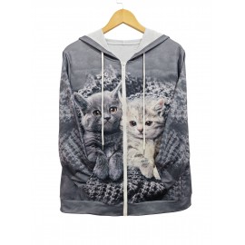 Chic Plus Size Cat Print Hooded Jacket with Pockets - Zip-Up, Long Sleeve, Polyester Blend - Elegant Women's Outerwear