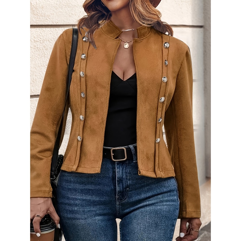 1pc Women'S Plus Size Casual Polyester Jacket with Faux Buttons, Solid Color Knitted Open Front Collar, Stretch Fabric, Autumn/Winter Outerwear
