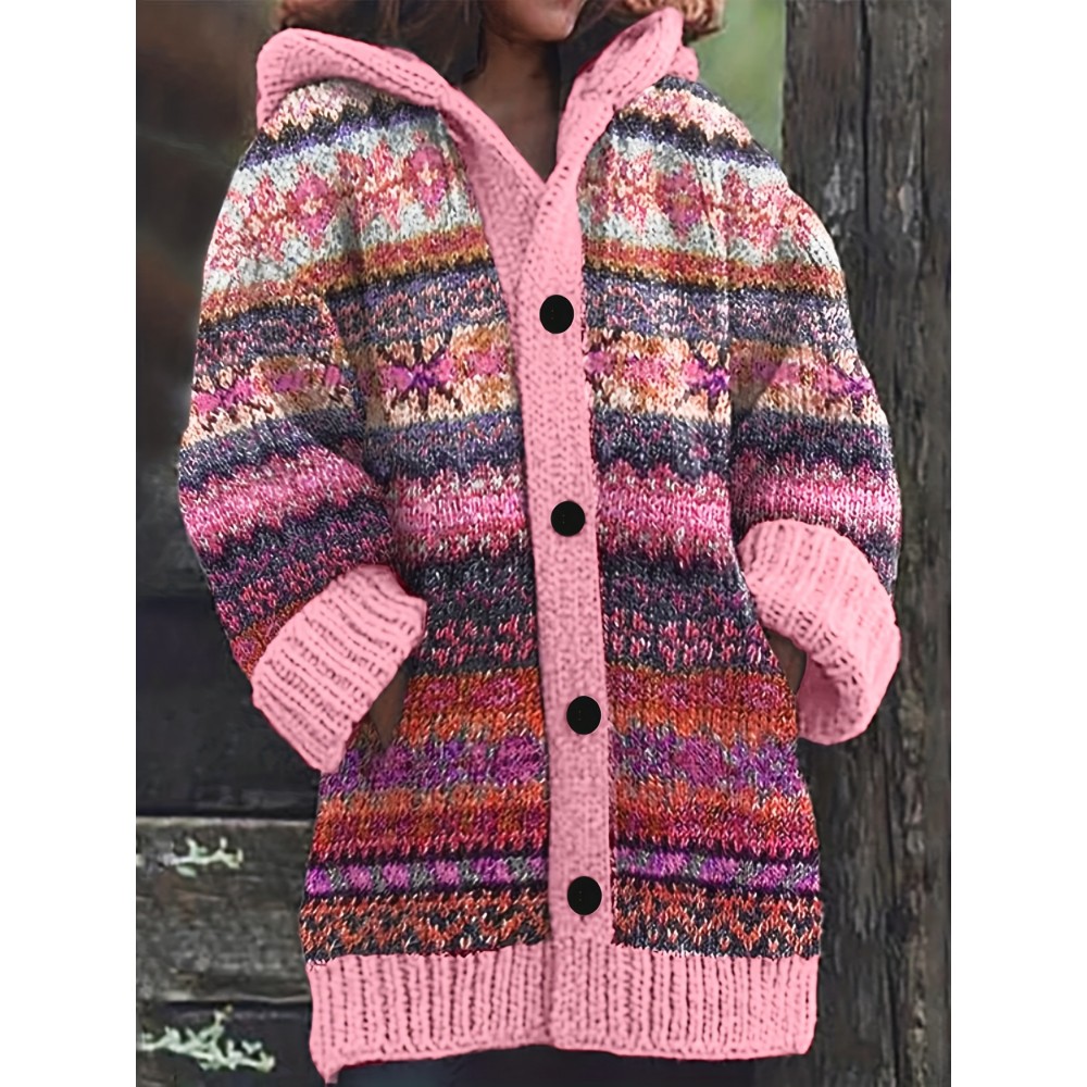 Women's Hooded Sweater - Pink, Loose Fit Long Sweater Coat with Side Pockets, Fall Winter Hooded Sweater for Everyday & Formal Outfits