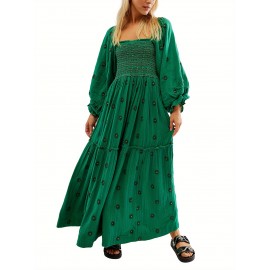 Women'S Floral Embroidered Maxi Dress with Puff Sleeves, Square Neck, Draped Tiered A-Line Skirt, 100% Polyester, Casual Summer Knit Fabric - Flowy Long Dress